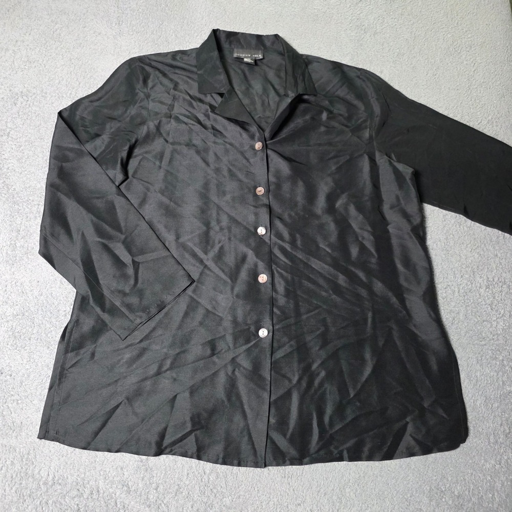 August Silk Womens XL Blouse Black 100% Silk Button Front Notch Lapel Shirt